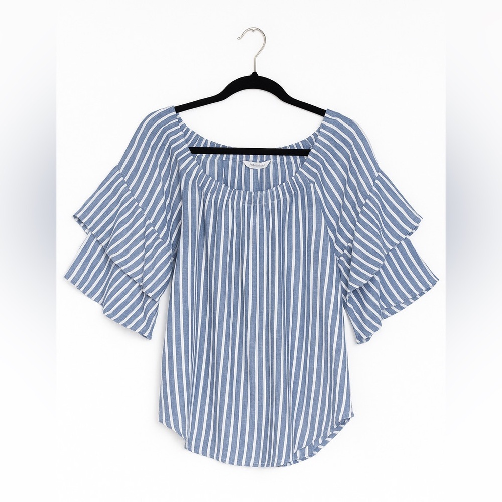 Beachlunchlounge Blue White Striped Linen Off Shoulder Top XL 👚